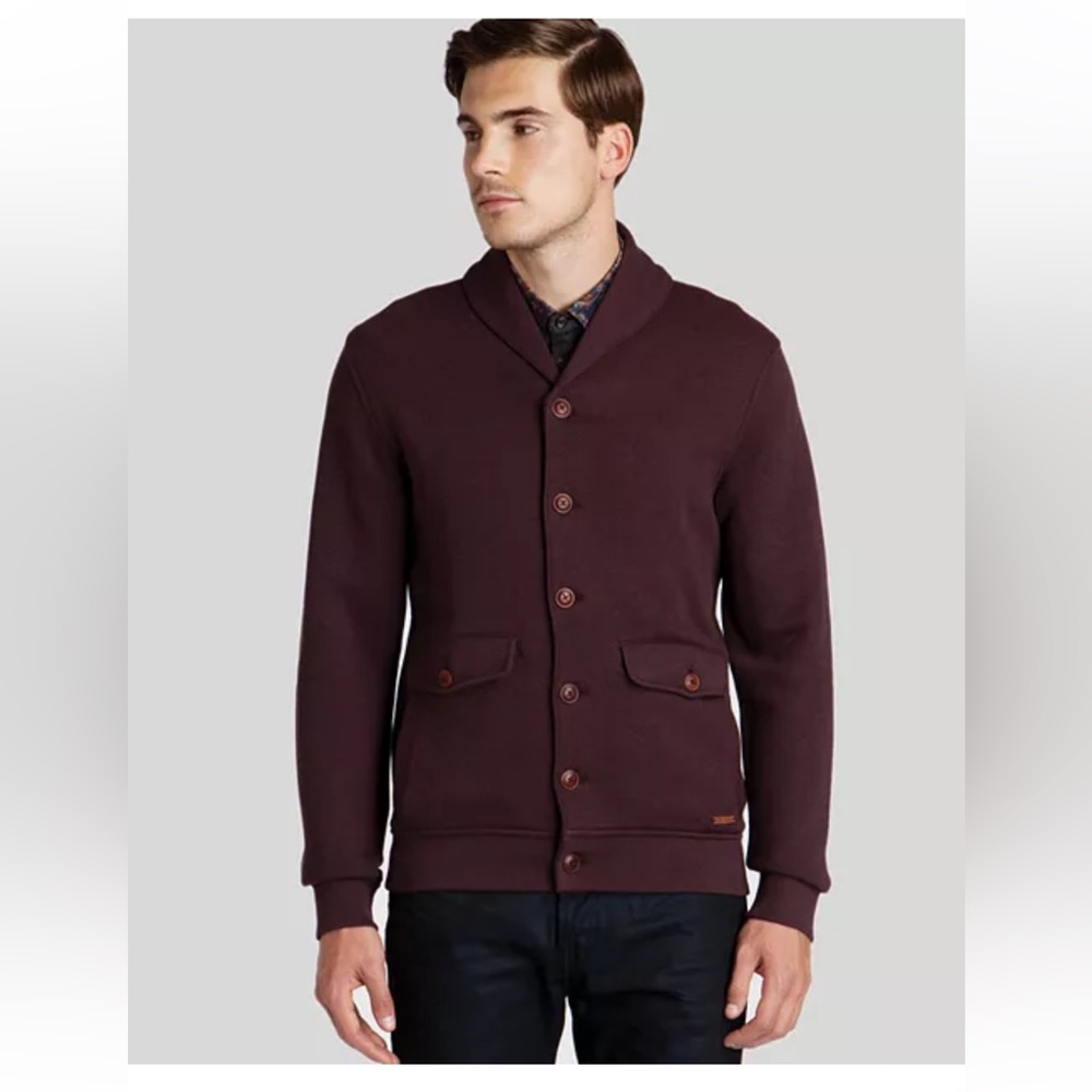 Ted Baker men’s burgundy 
Farfell Shawl Collar Cardigan 
Size 3